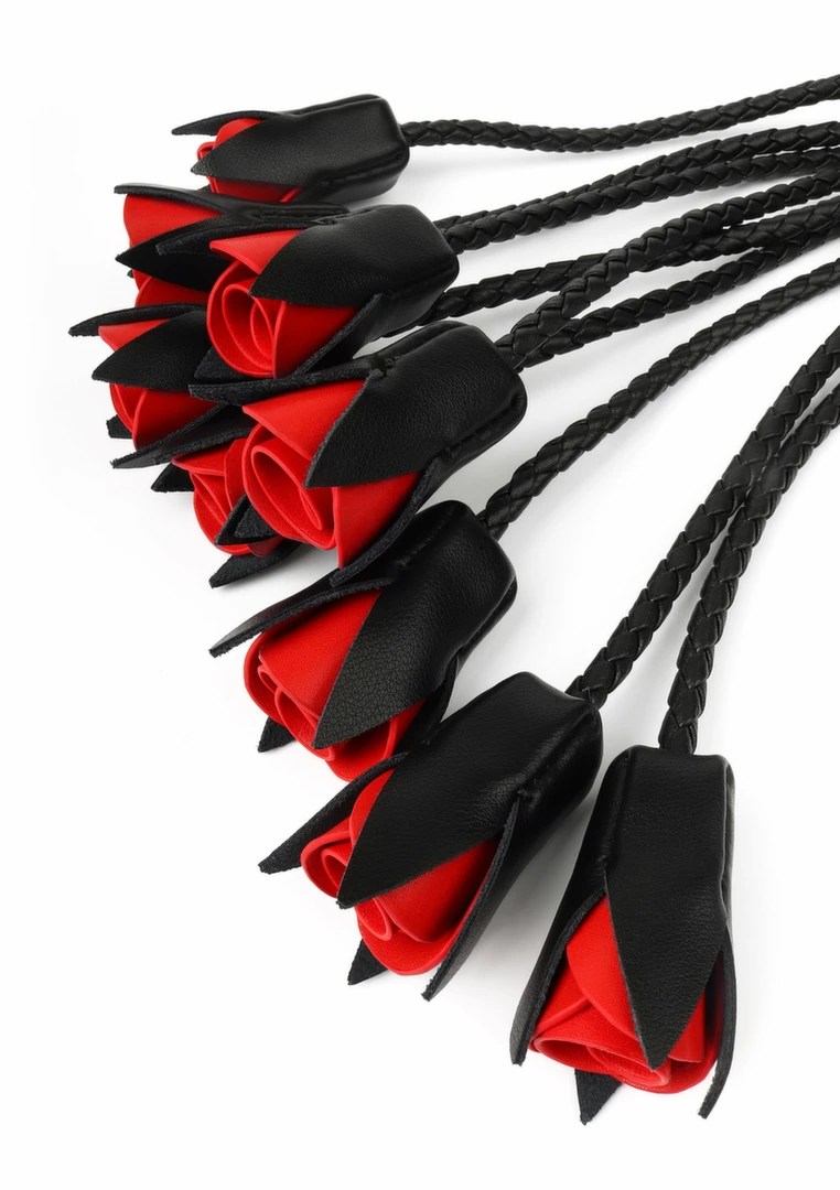 Genuine Leather Roses Whip - Elegant Red Rose Design, Braided Handle