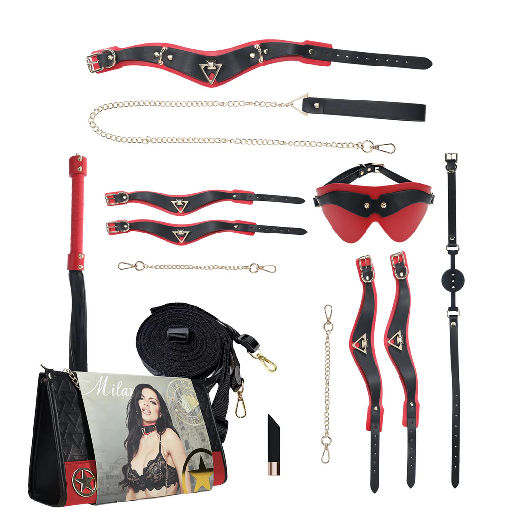 Ouch! Milan Collection – Czarno-Czerwony Zestaw BDSM z Torebką, Akcesoriami do Krępowania i Wibratorem
