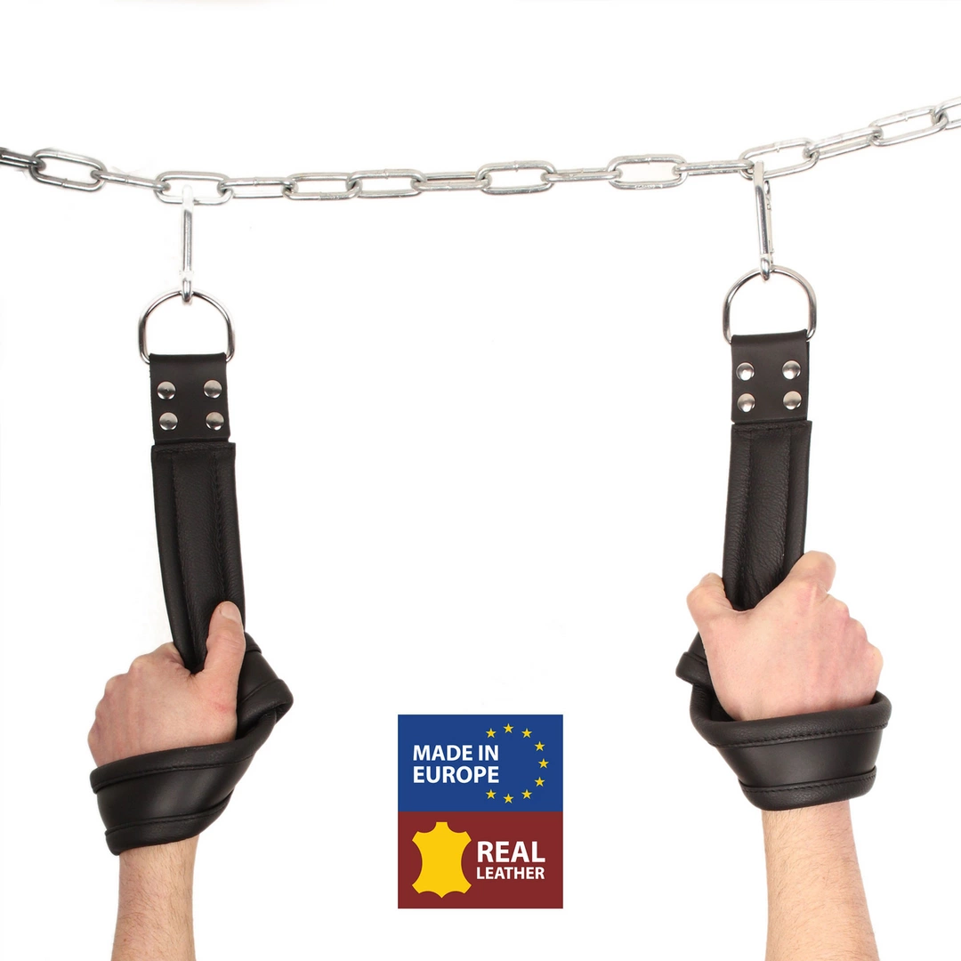 Red Leather Suspension Cuffs Black - Skórzane mankiety do zawieszeń i krępowania