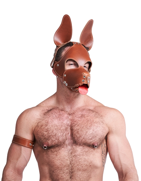 Mister B Leather Shaggy Dog Hood Stitched – Skórzana maska typu pup z odpinanym psem i kufą – Brązowa